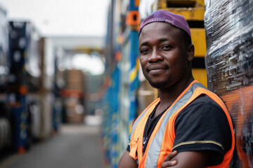 Fototapeta premium Male warehouse worker working in logistic commercial storage interior retail goods boxes supply. Man storehouse employee manager at work, distribution, industrial sorting and delivery.