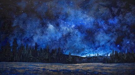 a blue dark night sky adorned with countless stars, stretching over a vast field of trees in Park, with the Milky Way galaxy painting the celestial canvas in the background.