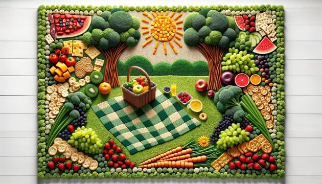Colorful fruit and vegetable picnic scene