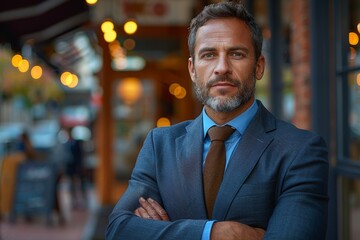 Confident mature businessman outdoors with arms crossed, looking directly at the camera with poise - obrazy, fototapety, plakaty