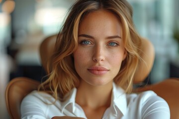 Close-up portrait of a professional young woman with intense gaze, in a modern office setting