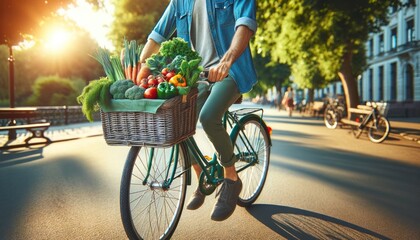Man Riding Bicycle with Basket of Vegetables
