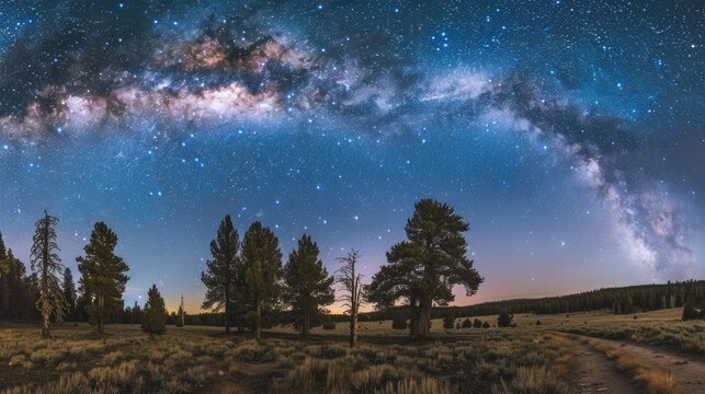a blue dark night sky adorned with countless stars, stretching over a vast field of trees in Park, with the Milky Way galaxy painting the celestial canvas in the background.