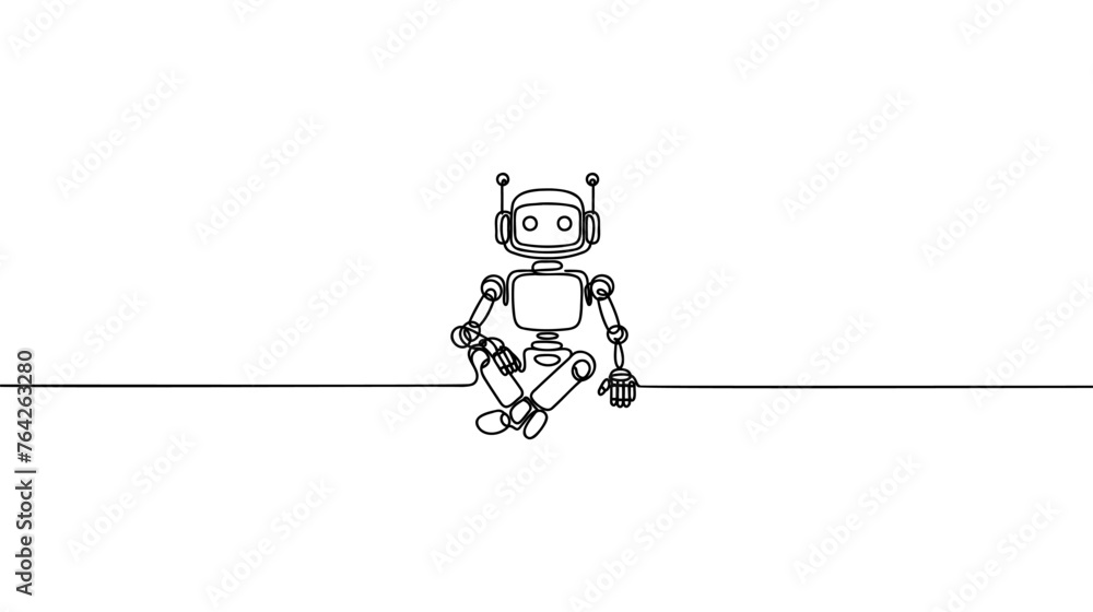 Aufkleber continuous one line drawing sitting robot. metal computer man or cyborgs. friendly mechanism. single