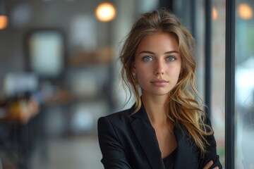 Fashionable young woman in a black suit stares thoughtfully near a window