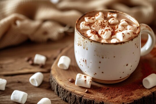 Cup of hot chocolate with marshmallows and cocoa powder on a wooden table