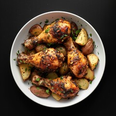 A photo of crispy baked chicken drumsticks with potatoes on a plate