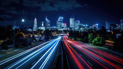 City at night, with its iconic skyline illuminated against a deep blue sky, featuring a bustling highway overpass adorned with motion-blurred cars traversing the scene.