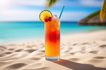 Mocktail on light beach background. The ice drink in the beach.