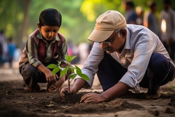 Happy father and son plant a tree in the park. Nature conservation concept