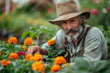 An older male gardener with a bushy beard tends to orange flowers in a garden, exhibiting care and nurture