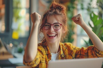 A happy woman sits in front of her laptop and cheers with raised fists