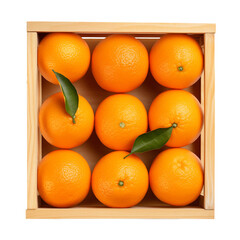 Top view of fresh oranges in wooden crate isolated on transparent or white background, png