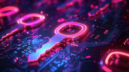 Soft neon cybersecurity keys, subtle glow, tech safety
