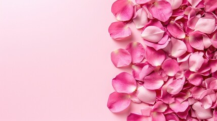 Pink rose petals on the side of a pastel pink background with copy space
