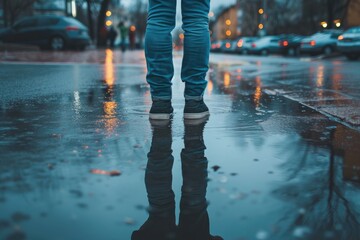 A child standing in a puddle and looking down the street