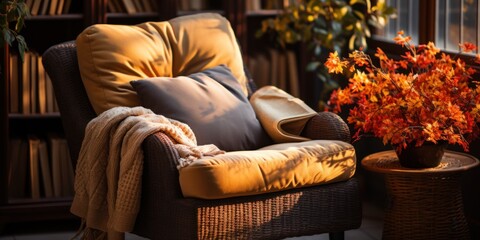 Chair with a blanket covering it placed next to a potted plant indoors