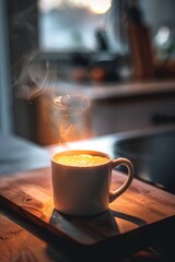Breathtaking cinematic view of a golden cappucino on a wooden board in a kitchen
