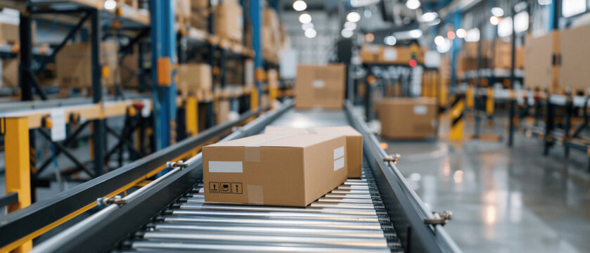 Cardboard box parcel on conveyor belt. Carton packages retail orders delivery, supply and distribution, cargo freight warehouse, factory and manufacturing business industry concept background.