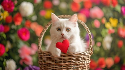 Cute white cat holding a red heart in a wicker basket on a background of flowers