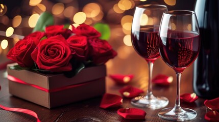Two glasses of wine with rose petals against a bokeh background romantic valentine's day