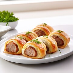 Side view of simple sausage rolls, elegantly arranged on a white plate.