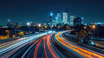 Fototapeta premium City at night, with its iconic skyline illuminated against a deep blue sky, featuring a bustling highway overpass adorned with motion-blurred cars traversing the scene.