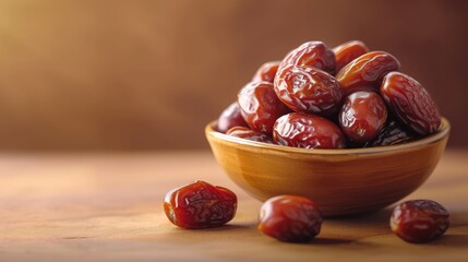 Dried dates in a wooden bowl with space for text