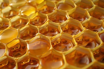 Imagem de fundo natural formada por um favo de cera com mel numa colmeia de abelhas. 