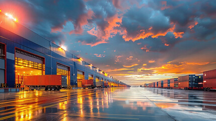 A large warehouse with many trucks and a cloudy sky - obrazy, fototapety, plakaty
