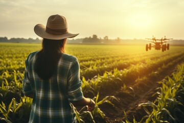 Fototapeta premium A remote control woman controls a drone on a field. The concept of modern technologies in agricultural business