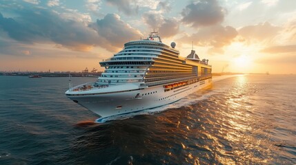 Cruise Ship Sailing in Ocean at Sunset - obrazy, fototapety, plakaty