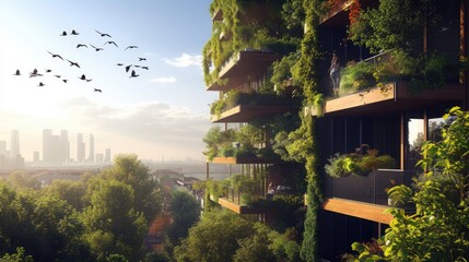 A building adorned with lush greenery, numerous balconies, and towering trees, harmonizing urban design with nature's touch in the cityscape. AIG41