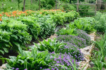 Lush garden beds flourish with a variety of plants, showcasing an abundance of purple and green hues, a testament to dedicated gardening and plant care