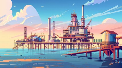 A gas and oil industry platform, complete with outbuildings - obrazy, fototapety, plakaty