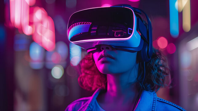 Woman wearing futuristic VR glasses Gaming Experience. An exciting virtual reality adventure. Neon color background