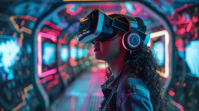 Woman wearing futuristic VR glasses Gaming Experience. An exciting virtual reality adventure. Neon color background