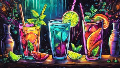 beautiful neon drinks, toxic colors, amazing image for a bar