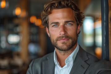 This captivating man with striking blue eyes and casual attire exudes confidence in a sophisticated indoor setting