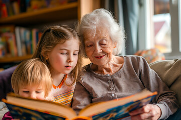 Grandmother reading fairy tail to her grandchildren