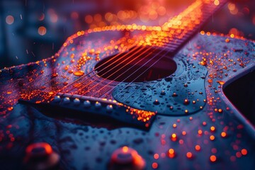 A visually appealing close-up of a guitar covered in glistening water droplets, highlighting the...