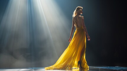 Blonde Woman in yellow dress walking in fashion show on stage or podium