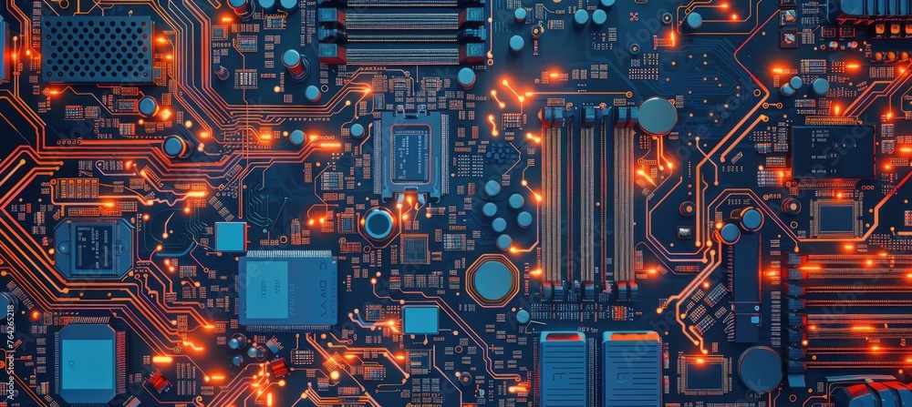 Fototapete Computer motherboard with CPU. Circuit board system chip with core processor. Computer technology background.