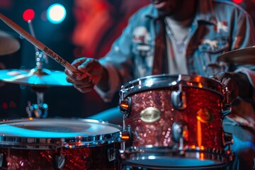 An up-close action shot of a drummer passionately engaged with drumsticks and a shining drum set under vibrant stage lighting