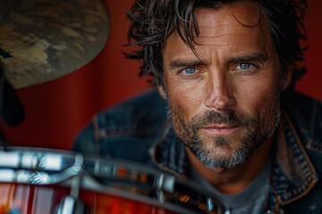 Intense close-up shot of a man with captivating blue eyes behind a colorful drum kit