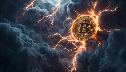 Bitcoin shield repelling economic attacks, fierce storm light, eye-level, fortress - obrazy, fototapety, plakaty