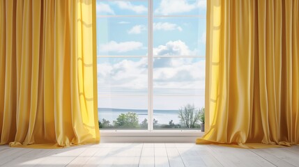 Panoramic window with yellow satin curtains
