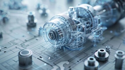 Detailed 3D rendering of an engineer's blueprint overlaid on a machinery part, blending design and function