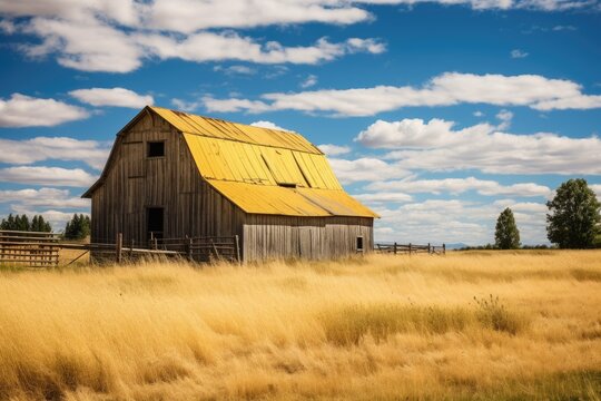 Yellow barn constructed on a farm in summer