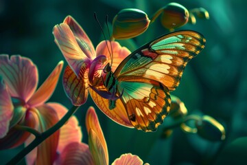 A brightly colored butterfly with oversized wings sits on a vibrant orchid flower in a close-up,...